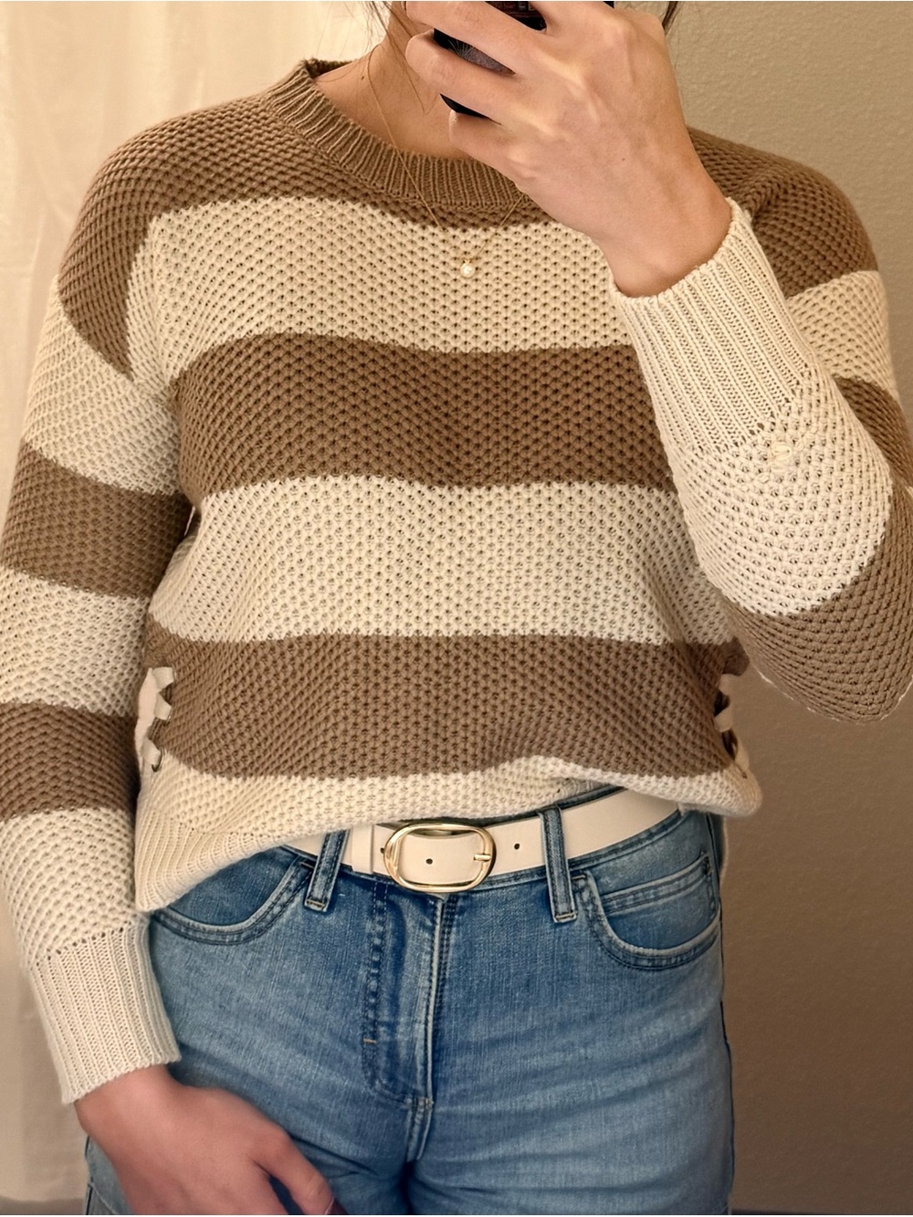 Pink Republic Cream and Brown Striped Crewneck Sweater